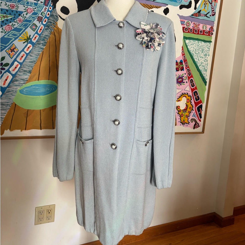 St. John Collection Elegant Light Blue Dress Knit Coat with Floral Brooch